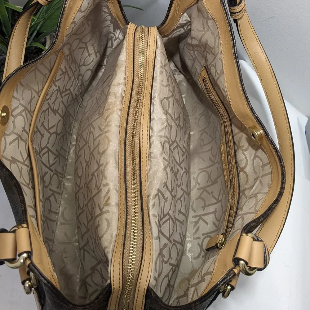 Calvin Klein Signature Tote Shoulder Bag Brown CK Monogram Print Brown Leather